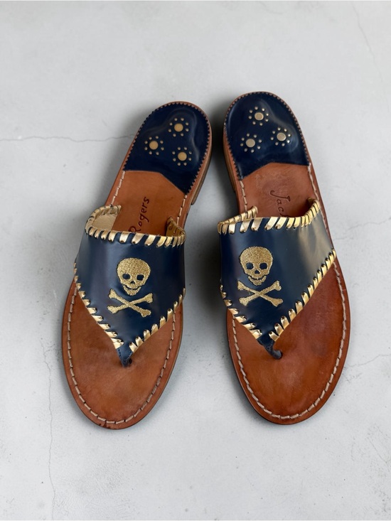 Jack Rogers Shoes - Rare Jack Rogers Navy Blue Leather Skull & Crossbones Thong Sandals Size 10